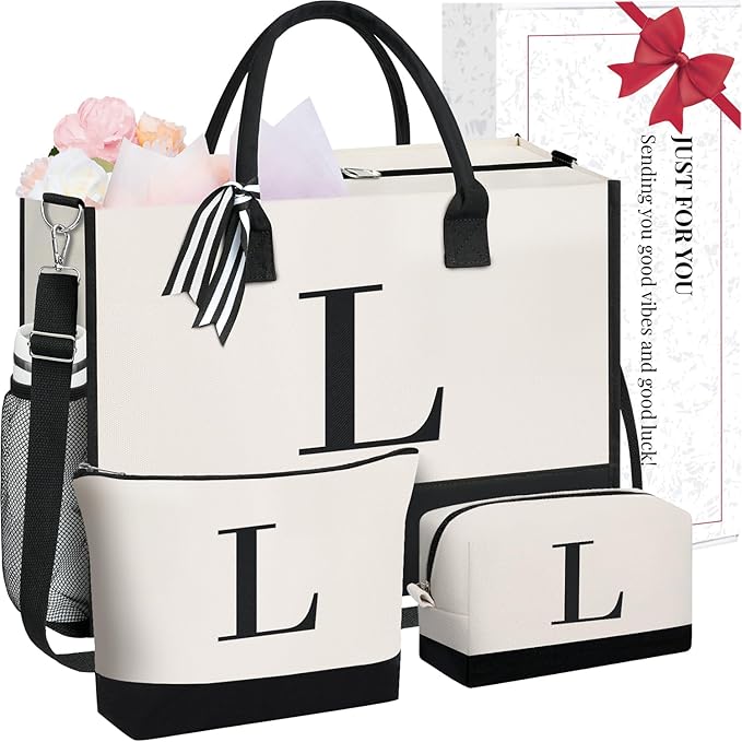 BAGAIL Initial Tote Bag, Personalized Birthday Gifts for Women, Teacher, Friends, Mom, Wedding, Monogrammed Beach Bag