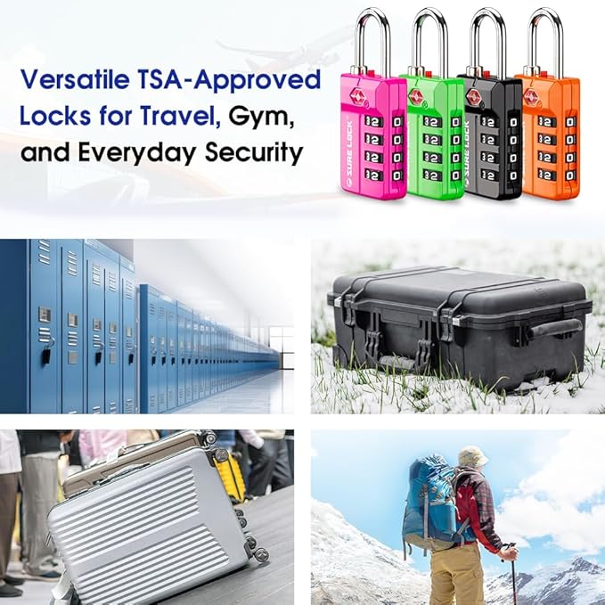 SURE LOCK TSA Approved 4-Digit Resettable Combination Luggage Locks with Open Alert, Easy-Read Dials - for Luggage, School Lockers, Gym, Office, Toolbox & Security Cases(Green 2 Pack)