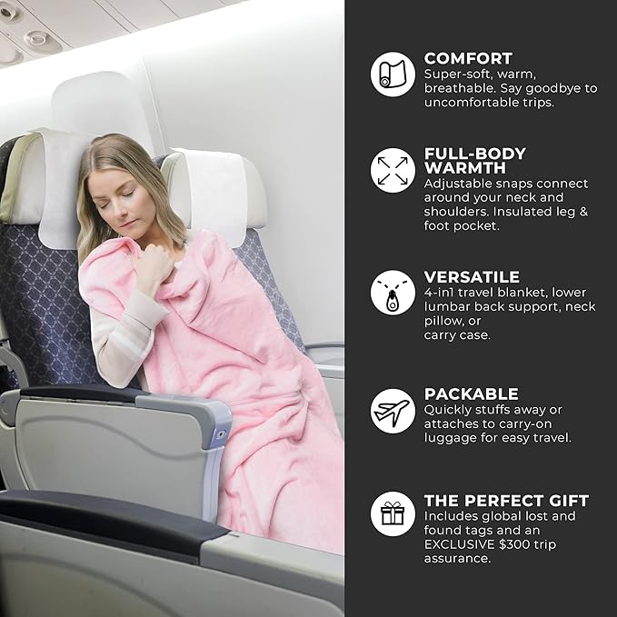Lightweight Travel Blanket - Premium & Compact Airplane Wearable Blanket with Neck Snaps, Cozy Foot Pockets, Zipper Pouch - Converts into Soft Pillow - Designed for Ultimate Comfort - Rose