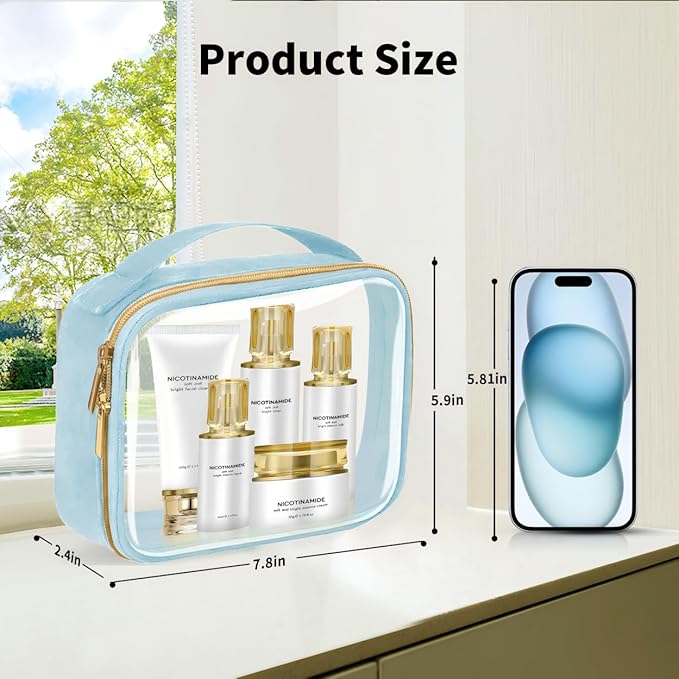 TSA Approved Travel Toiletry Bag,2 Pack Clear Makeup Bags with Handles,Quart Size Clear Cosmetic Bags for Traveling Women,Men,Carry on Airport Airline Compliant Bag,Blue