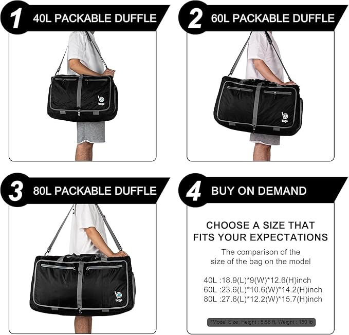 Bago Foldable Duffel Bags for Traveling Women & Men - 60L Medium Packable Duffle Bag for Travel with Shoe Compartment - Water Repellant, Heavy Duty, Lightweight Folding & Collapsible (SnowBlack)
