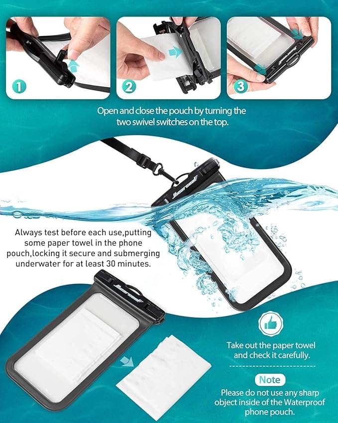 Hiearcool Universal Waterproof Phone Pouch,Underwater Dry Bag for iPhone 16 15 14 13 Pro Max XS Plus up to 8.3",IPX8 Cell Phone Case for Cruise Travel Essentials-Black&Clear-2Pack