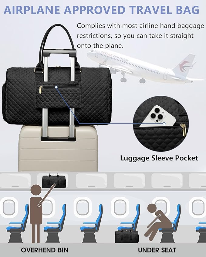 Women Weekender Travel Duffle Bag: Travel Duffel Overnight Bags with Shoe Compartment Large Carry on Tote with Toiletry Bag Weekend Traveling Yoga Gym Hospital Bag for Women with Wet Pocket Black