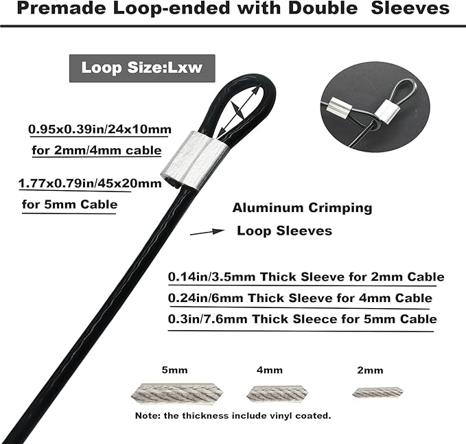 5 Pcs 4mm Wire 24 inch Vinyl Coated Stainless Steel Cable with Loops Short Wire Rope Lanyard Lock Security Chain Link for Outdoor Gates, Black(4mm x 24inch)