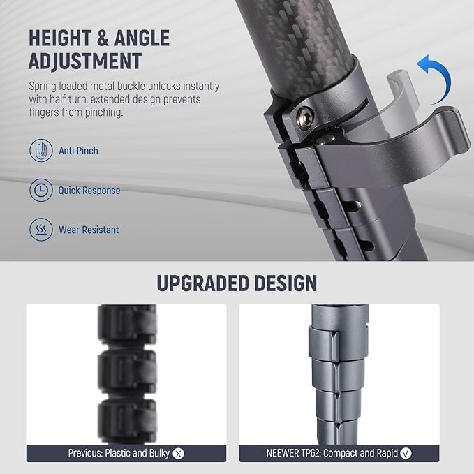 NEEWER LITETRIP LT32 Camera Travel Tripod, Carbon Fiber Portable Stand, Ball Head Detachable Center Axis Flip Buckle Cleaning Cloth Arca QR Plate Compatible with Peak Design Capture V3 (Former TP62)