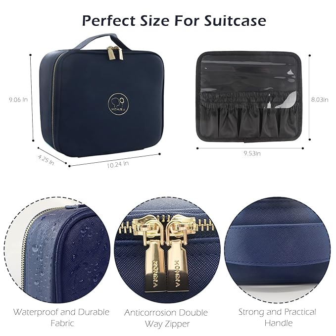 MOMIRA Travel Makeup Bag Cosmetic Bag Makeup Organizer Bag with Lighted Mirror, Adjustable Brightness in 3 Color Scenarios, Waterproof Makeup Train Case, Gift for Women - Royal Blue