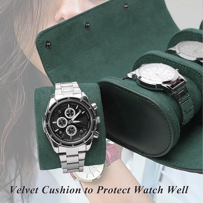 Watch Travel Case, Luxury Leather Watch Roll 2 Slot Organizer Box, Jewelry Storage Case Gifts for Man and Woman Christmas Anniversary Birthday (Green-2slot)