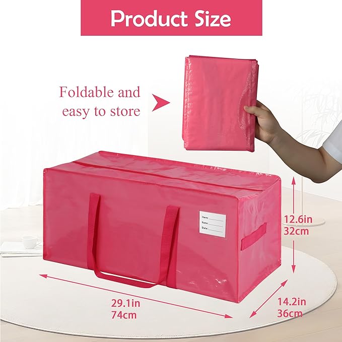 6 Pack Heavy Duty Extra Large Moving Bags with Handles,Waterproof Foldable Storage Totes, Clothing Storage Bags, Packing Moving Boxes for College Supplies, Pink