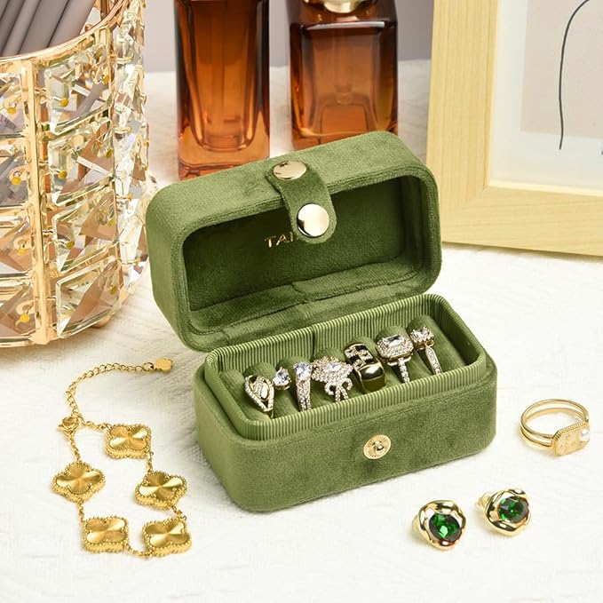 Travel Jewelry Case, Portable Pocket Size Small Plush Velvet Ring Box for Women, Mini Ring Holder and Organizer with 7 slots for purse(Avocado Green)