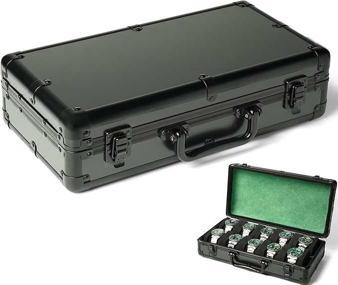 10 slots Watch organizer Case, Aluminum watch storage box, hard watch travel box, padded case for watch display and organization