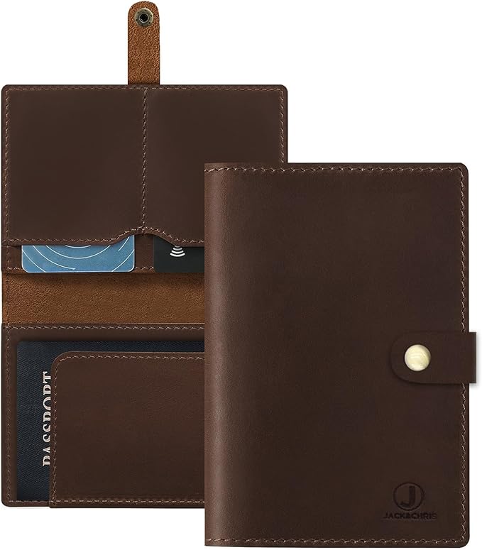 Jack&Chris Genuine Leather Passport Holder For Travel, RFID Blocking Handmade Passport Holder with Card Case Organized & Safe, Quality Travel Essentials for Women and Men for Gifting, Red Brown