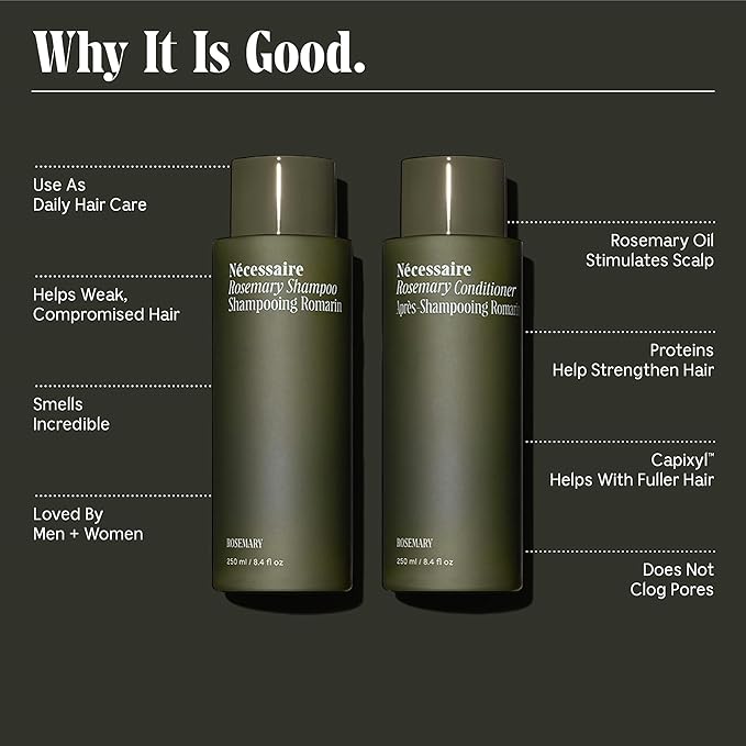 Nécessaire Rosemary Hair Duo - Rosemary Shampoo and Conditioner for Women + Men. Rosemary Oil + Proteins For Stronger Hair. Good for All Hair Types/Textures. 250 ml / 8.4 fl oz
