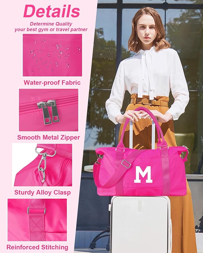 Overnight Bag for Kids Teen Girls Weekender Dance Bag Birthday Graduation Gifts,Initial Travel Duffel Bag Sports Gym Bag Personalized Weekender Bag Carry On Bags Preppy Gifts for Women(Hot Pink, M)