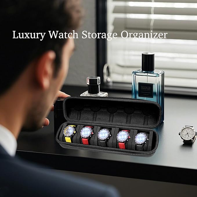 Juntan 5 Slots Hard Watch Travel Case, Portable PU Leather Zipper Storage Organizer Box for Men Women with Soft Compressible Foam Pillow Black