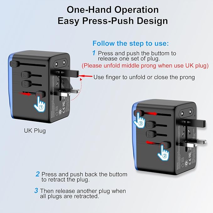 Universal Travel Adapter, PD 35W 7 in 1 International Power Plug Adapter with 7.0A 4 USB-C and 2 USB-A Fast Wall Charger, Worldwide AC Outlet for US Europe UK AUS (Black+Blue)