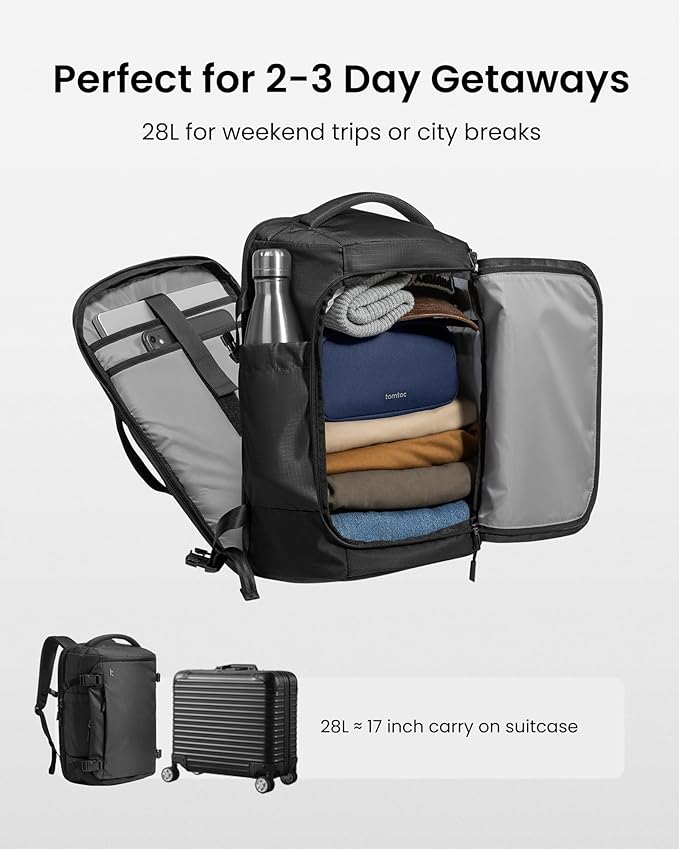tomtoc Travel Backpack 28L, TSA Friendly Flight Approved Carry-on Luggage Hand Water-resistant Lightweight Business Rucksack, Durable Bag Fits 16 Inch Laptop