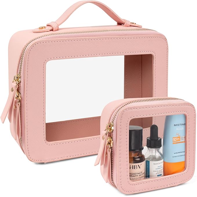 LETGO Clear Makeup Bags Set - TSA Approved Toiletry Bag with Handle Large Opening, Clear Toiletry Bags Case Pouch for Traveling Travel Car Orangizer Storage Essentials (Mini+Large Pink)