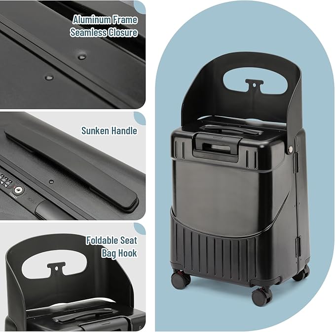 22 Inch Hardside Checked Luggage with Child Seat - 40L Spinner Suitcase W/TSA Lock, Aircraft-Grade ABS+PC Shell & Commercial Wheels for Family Travel