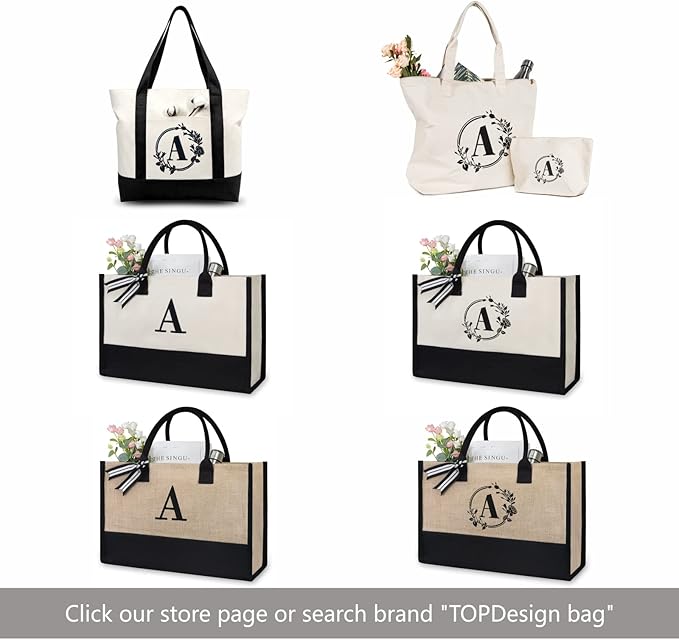 TOPDesign Initial Jute/Canvas Tote Bag, Personalized Present Bag, Suitable for Wedding, Birthday, Beach, Holiday, is a Great Gift for Women, Mom, Teachers, Friends, Bridesmaids (Letter L)