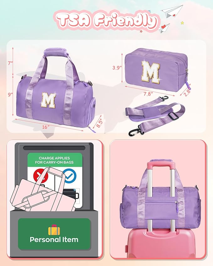 Gifts for 3 4 5 6 7 8 9 10 Year Old Girls-Girl Gym Bag with Shoe Compartment, Kid Personalized Weekender Overnight Bags, Initial Travel Tote with Makeup Pouch, Graduation Gift (Letter M)