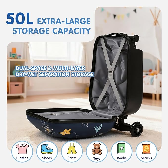 4-in-1 Detachable Scooter Luggage for Kids & Teens – Hardside Ride-On Suitcase with Led Light Up Wheels, Dinosaur Design, Lightweight Foldable, Perfect Travel Gift for Boys(Navy Blue 22-inch)
