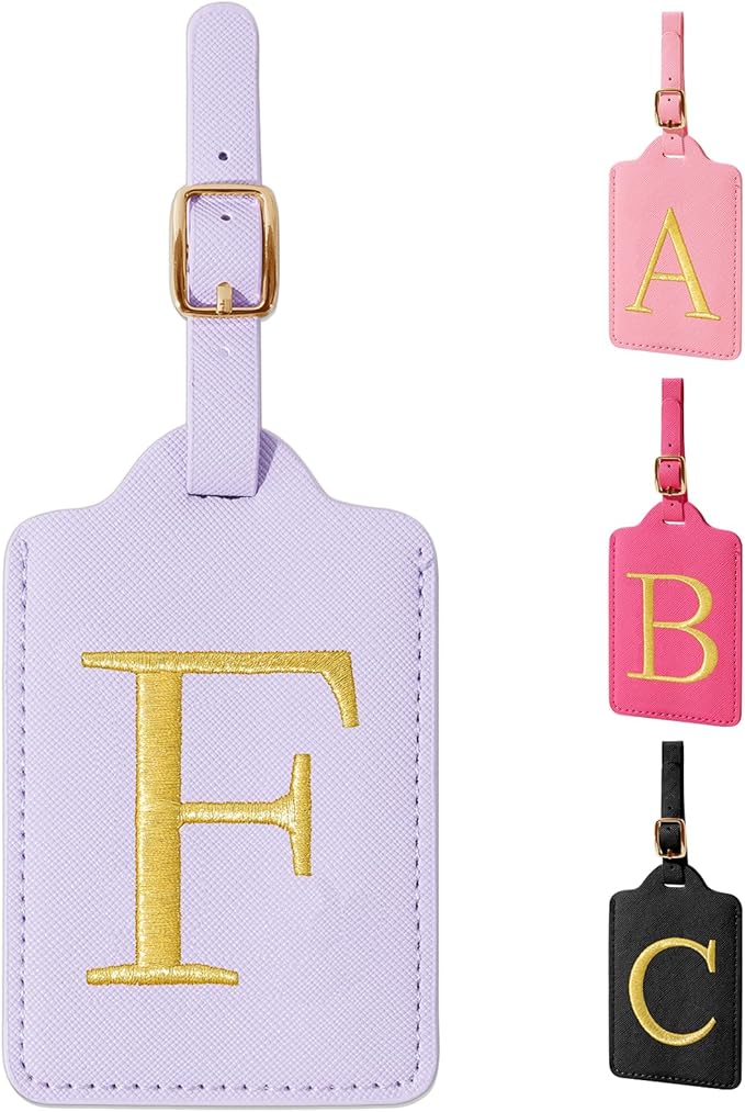 Personalized Initial Luggage Tags for Suitcase, Purple Leather Cute Luggage Tags with Privacy Cover Name Card, Embroidered Custom Monogrammed Luggage Tag Travel Backpack Tags Gifts for Women Kids(F)