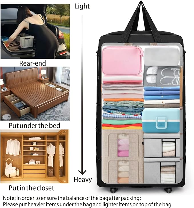 Foldable Travel Bag with Wheels, Extendable Tote Bag, Roller Expandable Luggage Compartment, Large Capacity Lightweight Luggage Bag, Waterproof for Men and Women(Black)