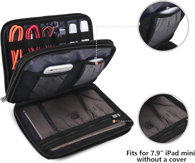 BUBM Double Layer Electronic Accessories Organizer, Travel Gadget Bag for Cables, USB Flash Drive, Plug and More, Perfect Size Fits for iPad Mini (Medium, Dark Blue)