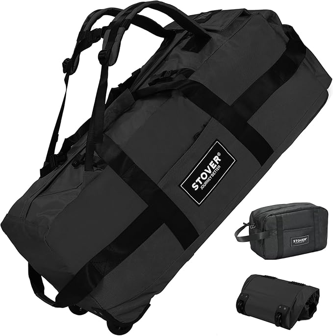 STOVER 100L Rolling Duffel Bag with Wheels, X-Large 32 Inch Durable Travel Duffle + Toiletry Bag, Heavy Duty, Packable w/Shoulder Straps- Use as Luggage or Backpack, Men/Women (Black)
