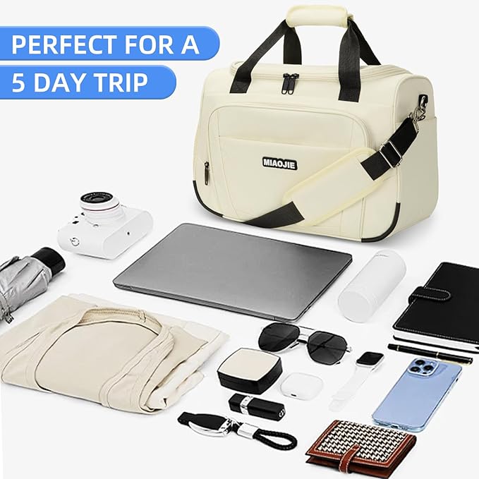Underseat Carry On Luggage Lightweight Travel Tote Weekender Bag Overnight Duffle Bag for Travel, Travel Essentials Personal Item Travel Bag for Women and Men, Beige-16Inch