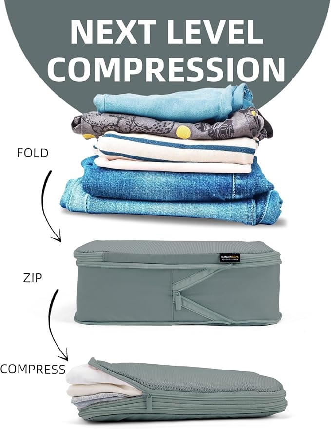 6 Set Compression Packing Cubes for Travel, Large Medium Small Luggage Organizers, Storage Bags for Clothes (6 Pack, Steel Blue)