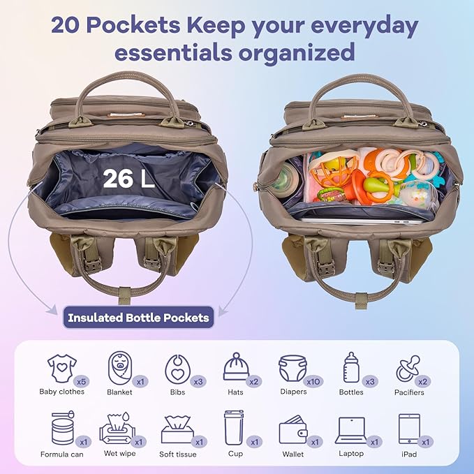 RUVALINO Diaper Bag Backpack, Multifunction Travel Pack Maternity Baby Changing Bags, Large Capacity, Waterproof, Khaki