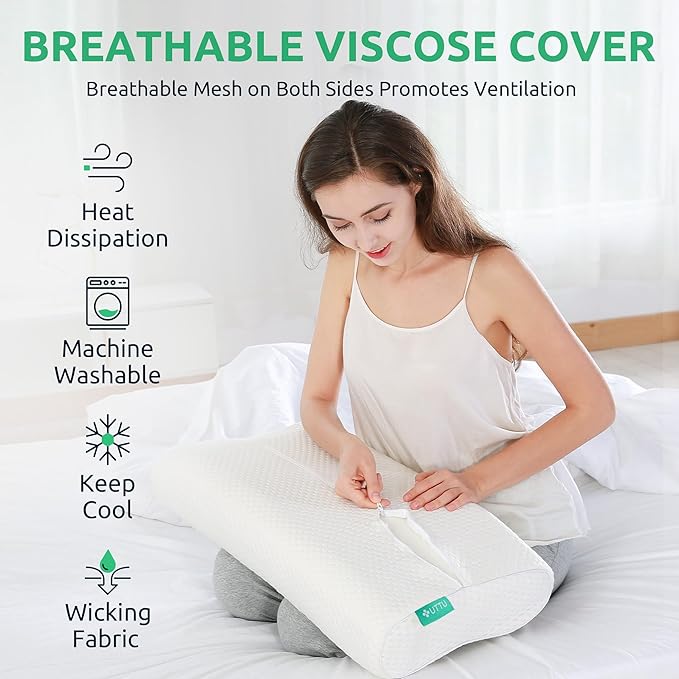 UTTU Cervical Pillow for Neck Strain Relief, Memory Foam Neck Pillow for Sleeping, Adjustable Orthopedic Sandwich Pillow, Contour Cooling for Side Back Stomach Sleeper, Medium(23.6"×14"×5.2"/4.5")