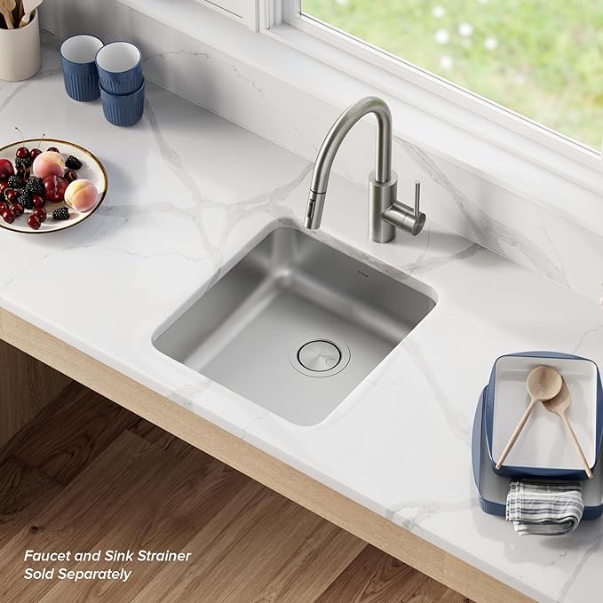 KRAUS Dex 17-inch Undermount 16 Gauge Stainless Steel Single Bowl ADA Kitchen Sink, KA1AS17B