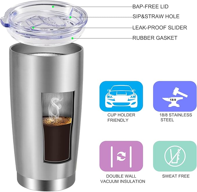 VEGOND 20oz Tumbler with Lid and Straw Stainless Steel Tumbler Cup Bulk Vacuum Insulated Double Wall Travel Coffee Mug Powder Coated Coffee Cup(Stainless 6 Pack