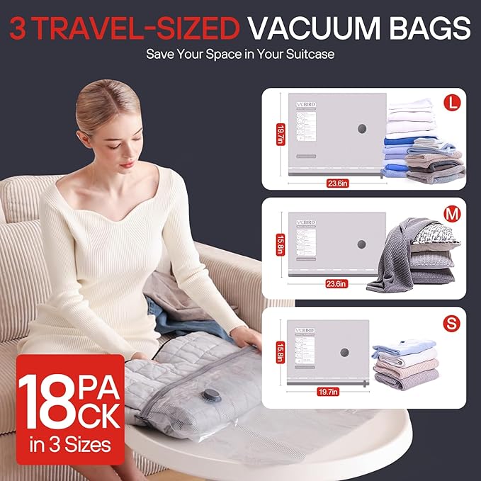 VMstr 18 Pack Travel Vacuum Storage Bags with High Pressure Electric Pump(D/C Power), Carry-on Size Space Saver Compression Bags for Clothes, Luggage & Packing