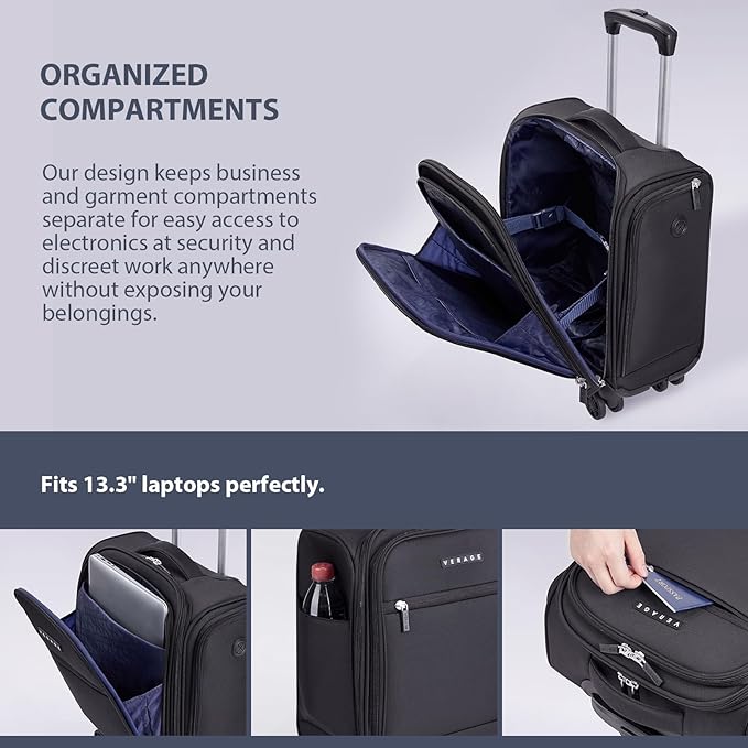 Verage Underseat Carry On Luggage with Wheels, 14.5-Inch Spinner Small Suitcase, Softside Lightweight Travel Bag for Men and Women, Airplane Carry On Bag, Black