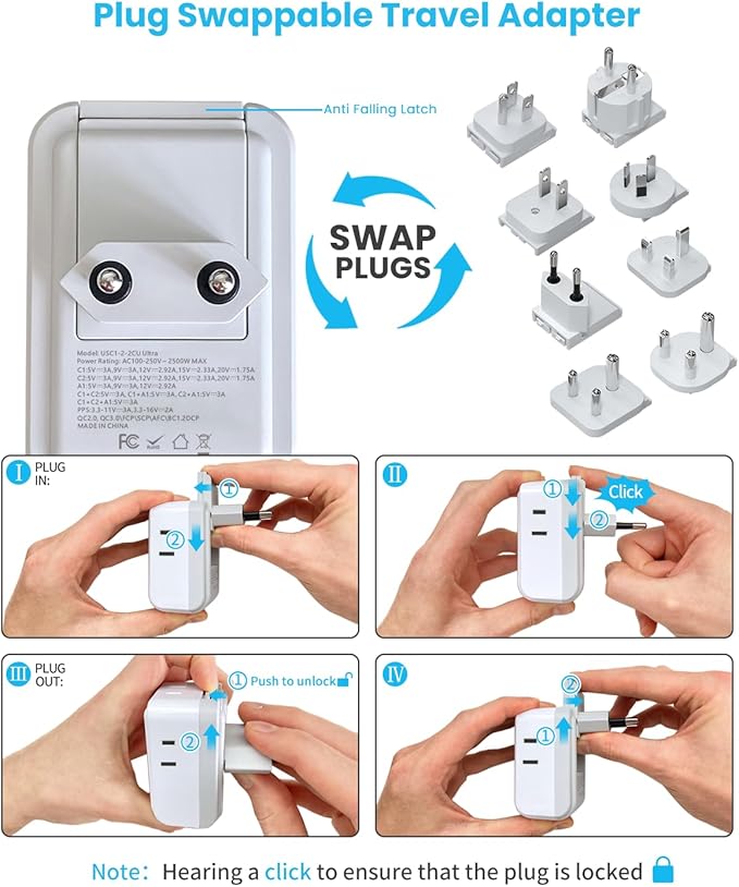 Universal Travel Adapter Kit, VINTAR PD 35W International Power Adapter with 4 AC 3 USB Ports(2 USB C), Type A,B,C,D,E/F,G,I,M Swap Adapt Attachments, Travel Adapter Worldwide for Europe/Africa/AUS