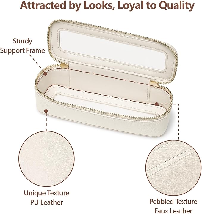 PACKISM Slim Clear Makeup Brush Bag, Pebbled Texture & Hard PU Leather Small Cosmetic Brush Holder, Mini Toiletry Bag Make up Bags with Message Card, Cute Travel Essentials Bag (Cream)