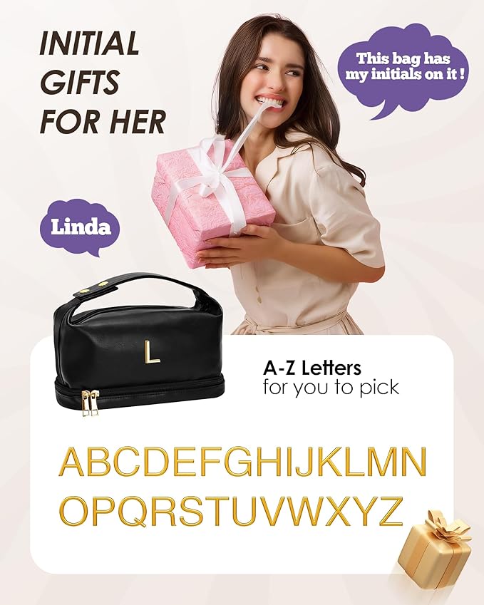 Teacher Appreciation Gifts, Personalized Makeup Bag with Handle, Initial Double Layer Cosmetic Bag with Makeup Brush Organizer, PU Leather Travel Toiletry Bag, Gifts for Friends Female Mom
