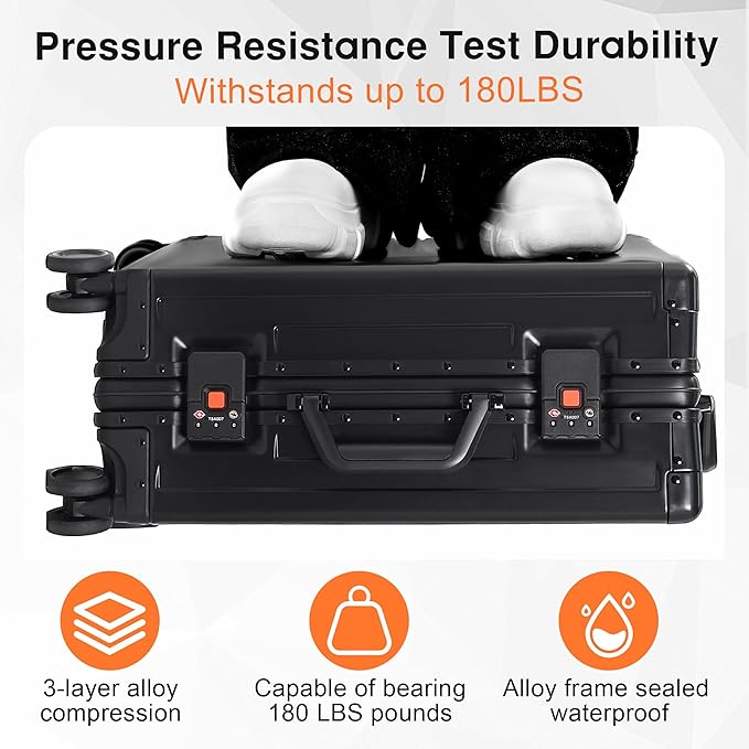 All Aluminum 24 Inch Check In Luggage Hard Shell Suitcases with Spinner Wheels and TSA Lock, Large Zipperless Luggage for Travel, Black
