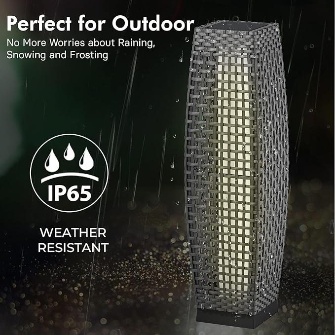 Grand patio 2-Piece Outdoor Floor Lamp Solar Powered Lantern Water-Resistant Wicker Deck Patio Light, Lamp Large-Sized for Garden or Porch-Large Fuji, Silver Gray