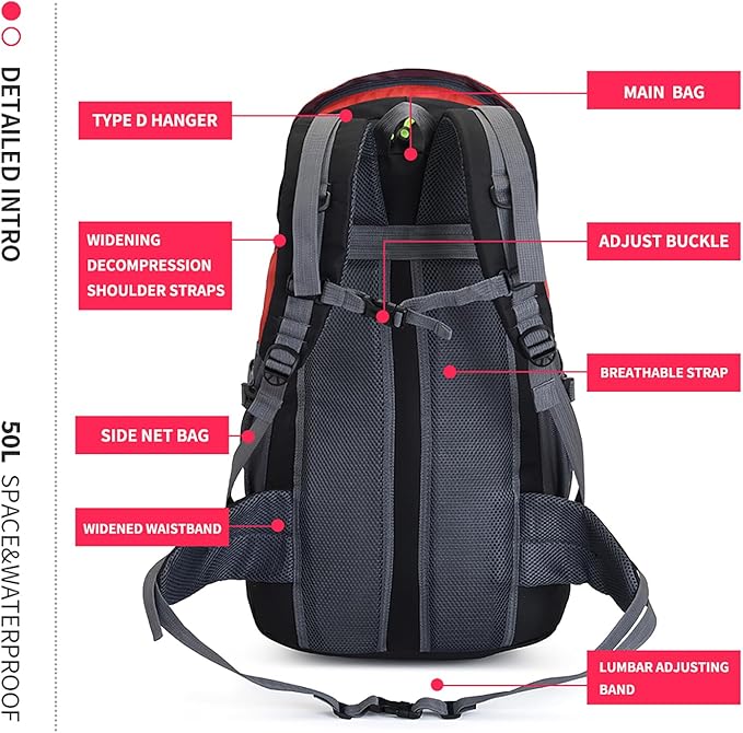 Bseash 50L Hiking Backpack, Water Resistant Lightweight Outdoor Sport Daypack Travel Bag for Camping Climbing Skiing Cycling (Red - No Shoe Compartment)