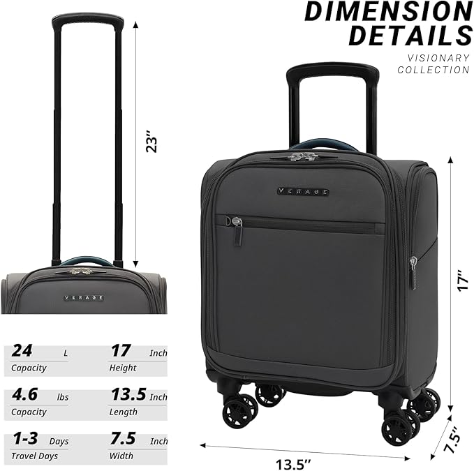 Verage Under Seat Luggage with Wheels, Softside Small Suitcase Spinner Carry On Luggage Bags for Airlines Airplanes Short Trip Men Women (Grey, 14-Inch Underseat)