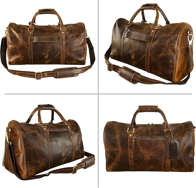 ELIZO Leather Duffle Bag For Men Women REAL FULL GRAIN Travel Overnight Weekender Carry On Luggage Sports Gym Bags (Antique 20 Inch) Origin