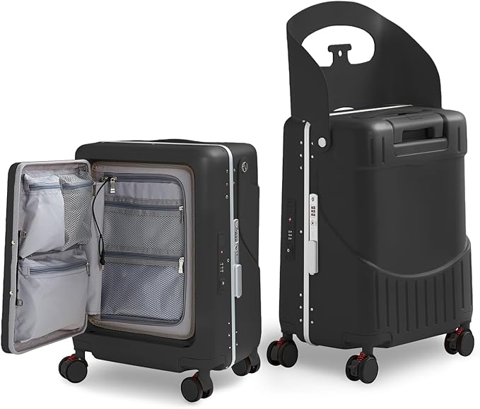 20 Inch Ride on Luggage With Seat For Kids&Adults,with Front Pocket, Foldable Seat Back TSA Approved Lock, 360° Spinner Wheels (20 inch,Black)