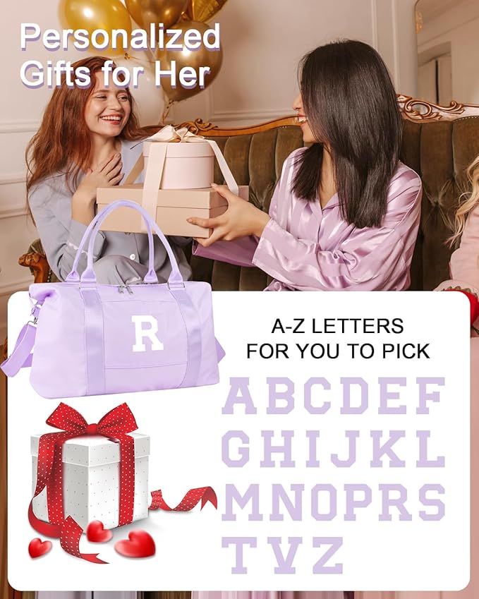 Daughter Niece Gifts for Teen Girl Kids, Initial Travel Duffel Bag Sports Gym Bag Personalized Gifts Weekender Bag，Monogram Overnight Bag Cute Dance Bag Birthday Bridesmaid Gifts for Women(Purple, R)