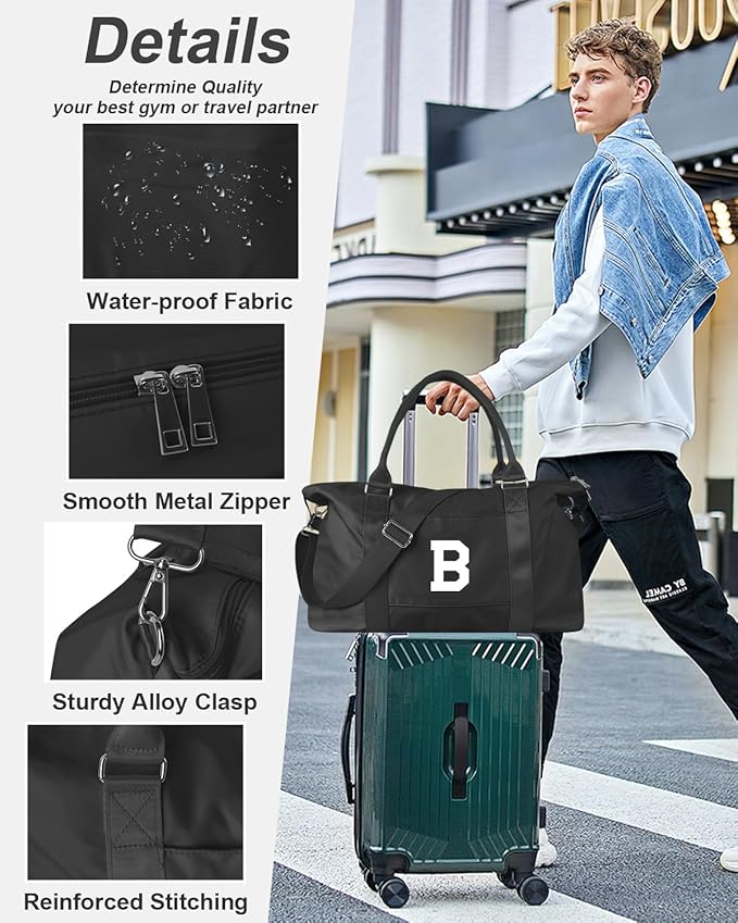 Initial Travel Duffel Bag Sports Gym Bag for Boys Teen Birthday Gifts,Black Personalized Weekender Bag Carry On Tote Bags for Men,Waterproof Overnight Luggage Bag Airplane Travel Essentials(Letter B)