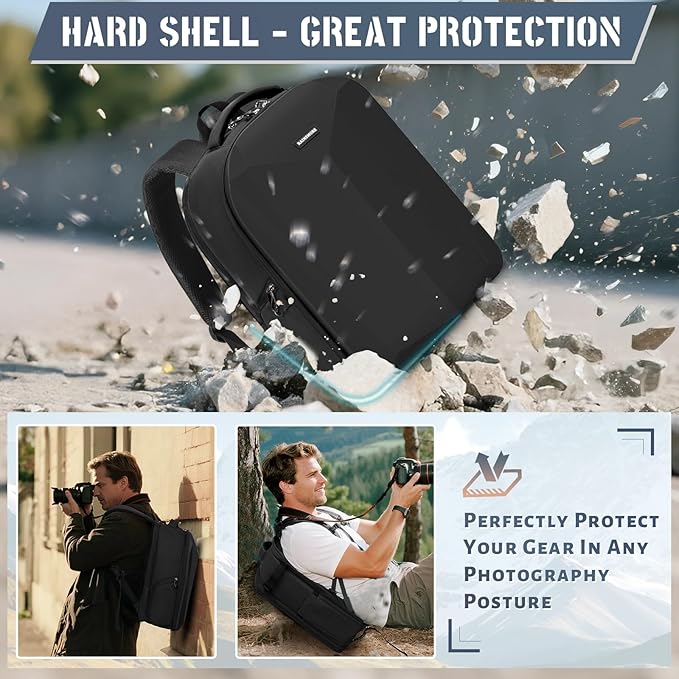 RAINSMORE Camera Backpack Hard Shell for DSLR/SLR Waterproof Camera Bag with Laptop Compartment 15.6 Inch Professional Camera Case with Rain Cover Photography Backpack Bag with Camera Lens Case Black