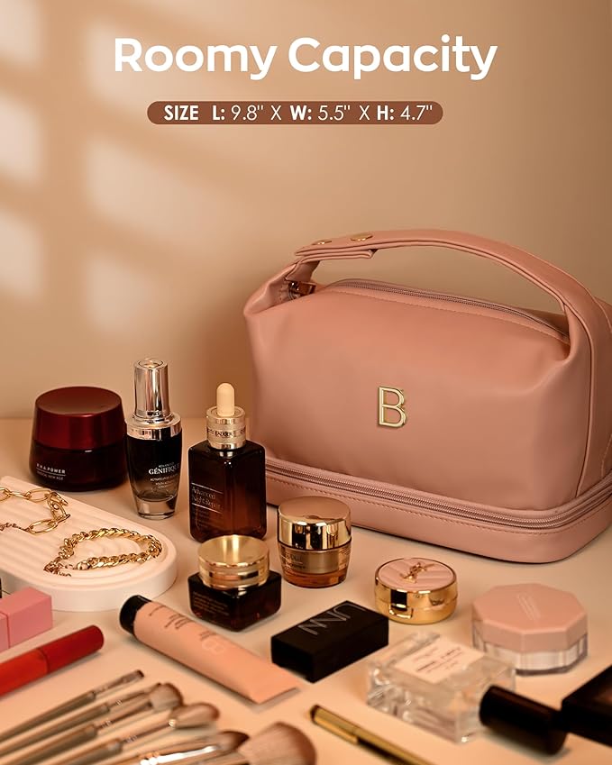 Birthday Gifts for Mom, Personalized Makeup Bag with Handle, Initial Double Layer Cosmetic Bag with Makeup Brush Organizer, Pink Gift Bags Travel Toiletry Bag, Gifts for Friends Female Mom